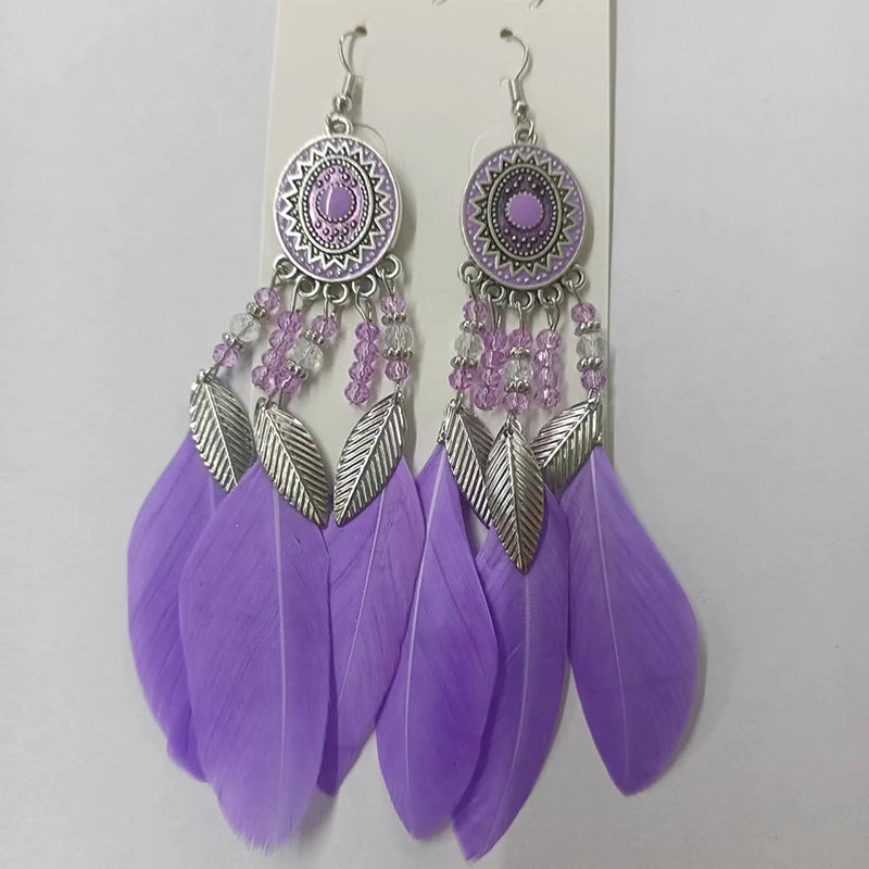 Feather Leaf Crystal Bead Long Earrings Jewelry