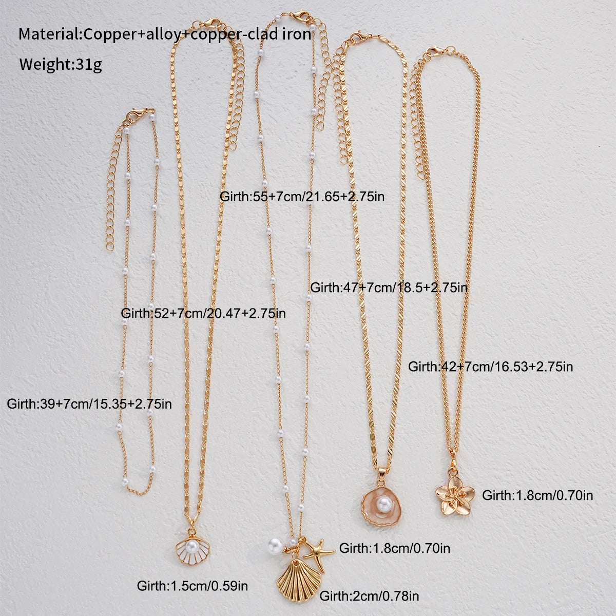 Starfish, Shell and Pearl Flower Boho Necklace Set (5 Pieces)