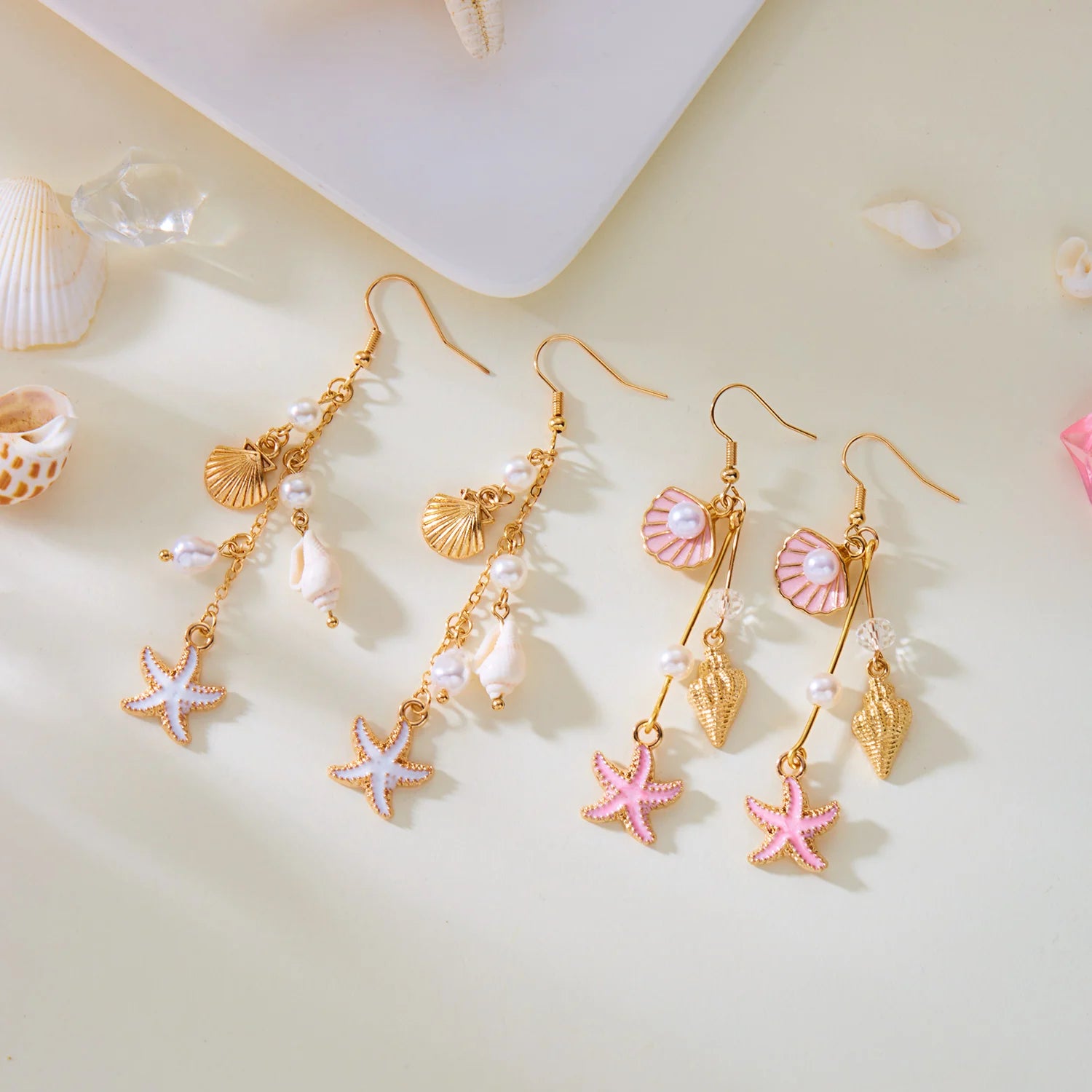 Ocean Style Shell, Starfish and Conch Enamel Drop Earrings