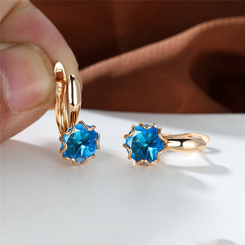 Cute Female Round Stone Hoop Earrings Rainbow Crystal Multicolor Zircon Earrings Boho Rose Gold Color Wedding Earrings For Women