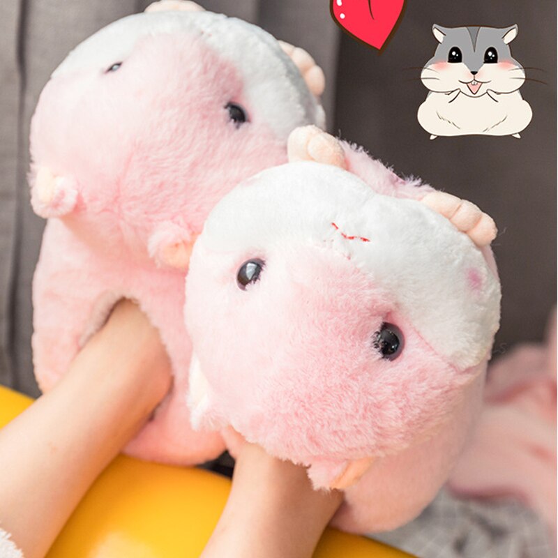 Cute Cartoon Hamster Design House Women Fur Slippers Gray Pink Brown Winter Warm Ladies Plush Shoes Onesize Fluffy Girls Slides