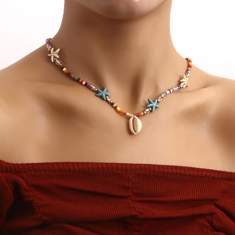 Necklace Boho Colorful Beads Starfish with Sea Shell Pendant Women Handmade Chic Jewelry