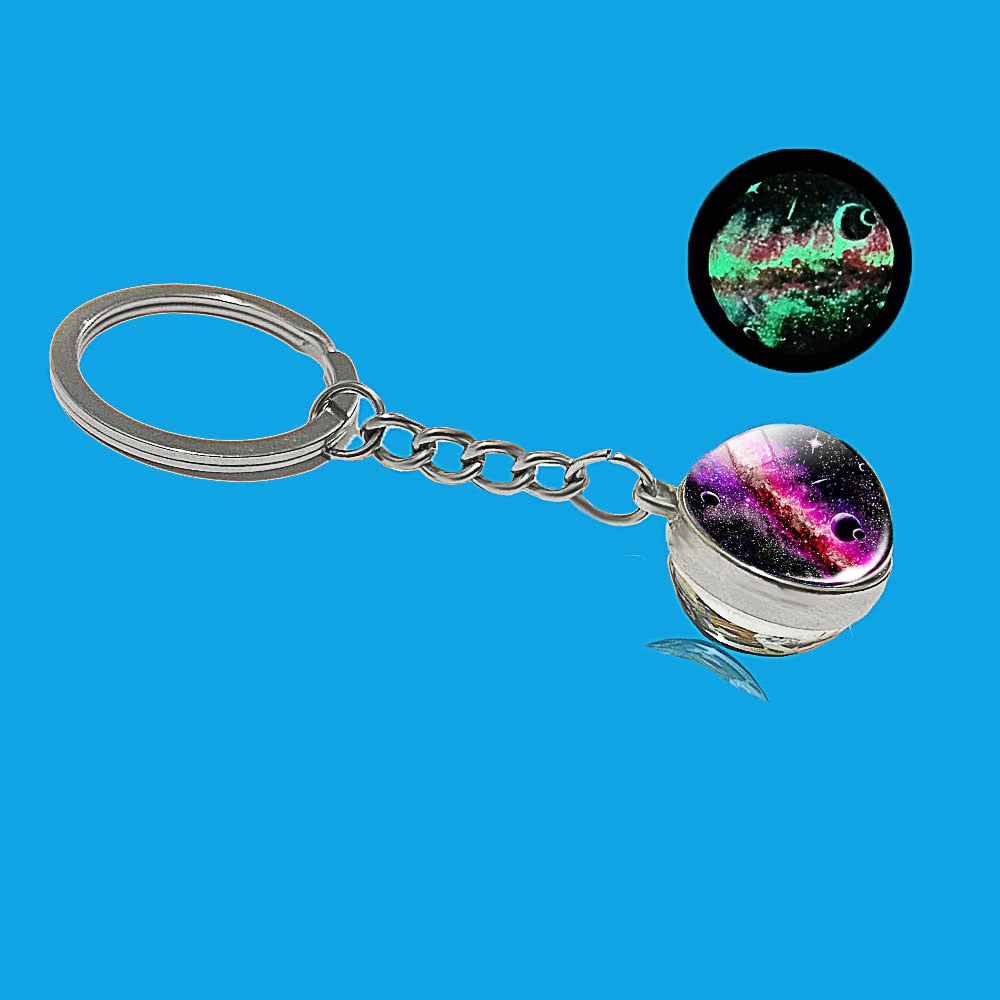 Glow In The Dark Solar System Galaxy Planet Keychain Jupter Moon Earth Mars Sun Nebula Double Side Glass Ball Key Chain Pendant