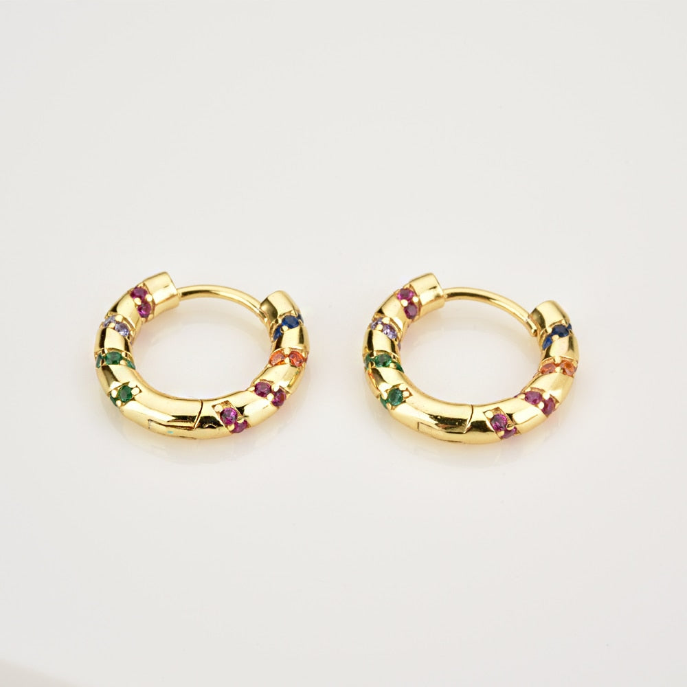 Andywen 100% 925 Sterling Silver Colorful Rainbow Clips Hoops Earring Huggies Middle 8mm Piercing Pendiente Women Circle Jewelry