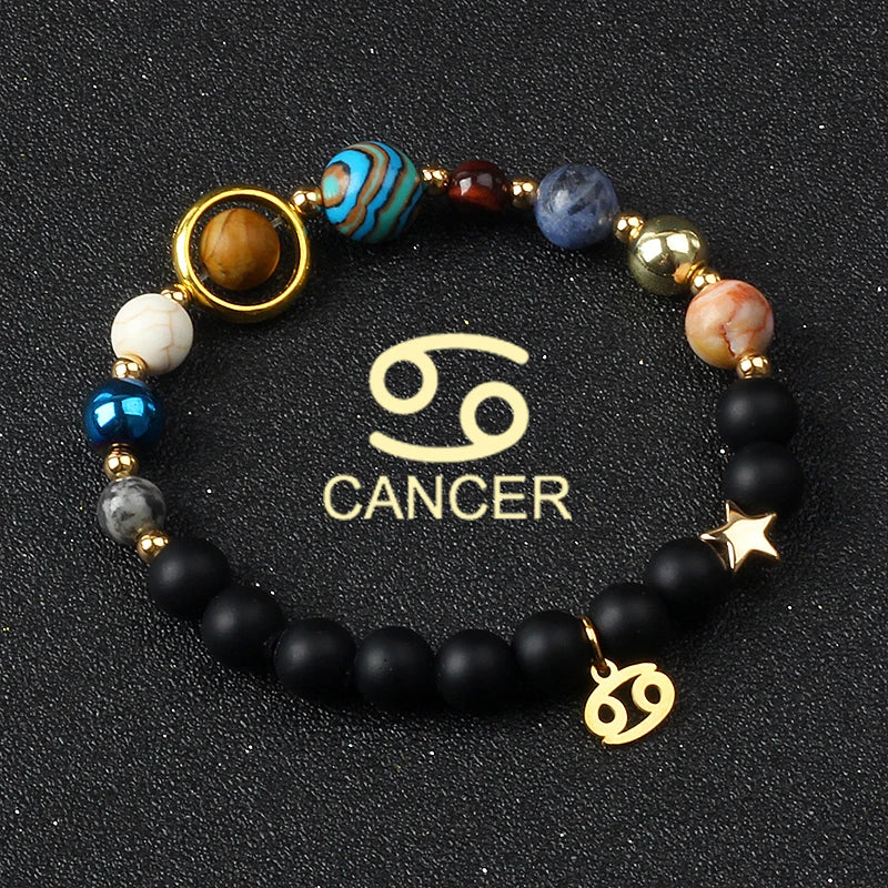 Eight Planets & Twelve Zodiac Beaded Bracelet, Natural Stone Cosmic Astrology Talisman