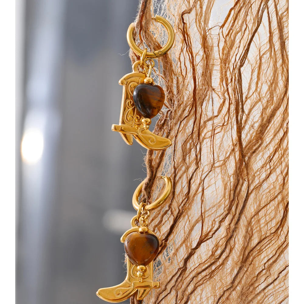 Natural Tiger Stone Boot Charm Drop Hoop Earrings, Stainless Steel Vintage Jewelry