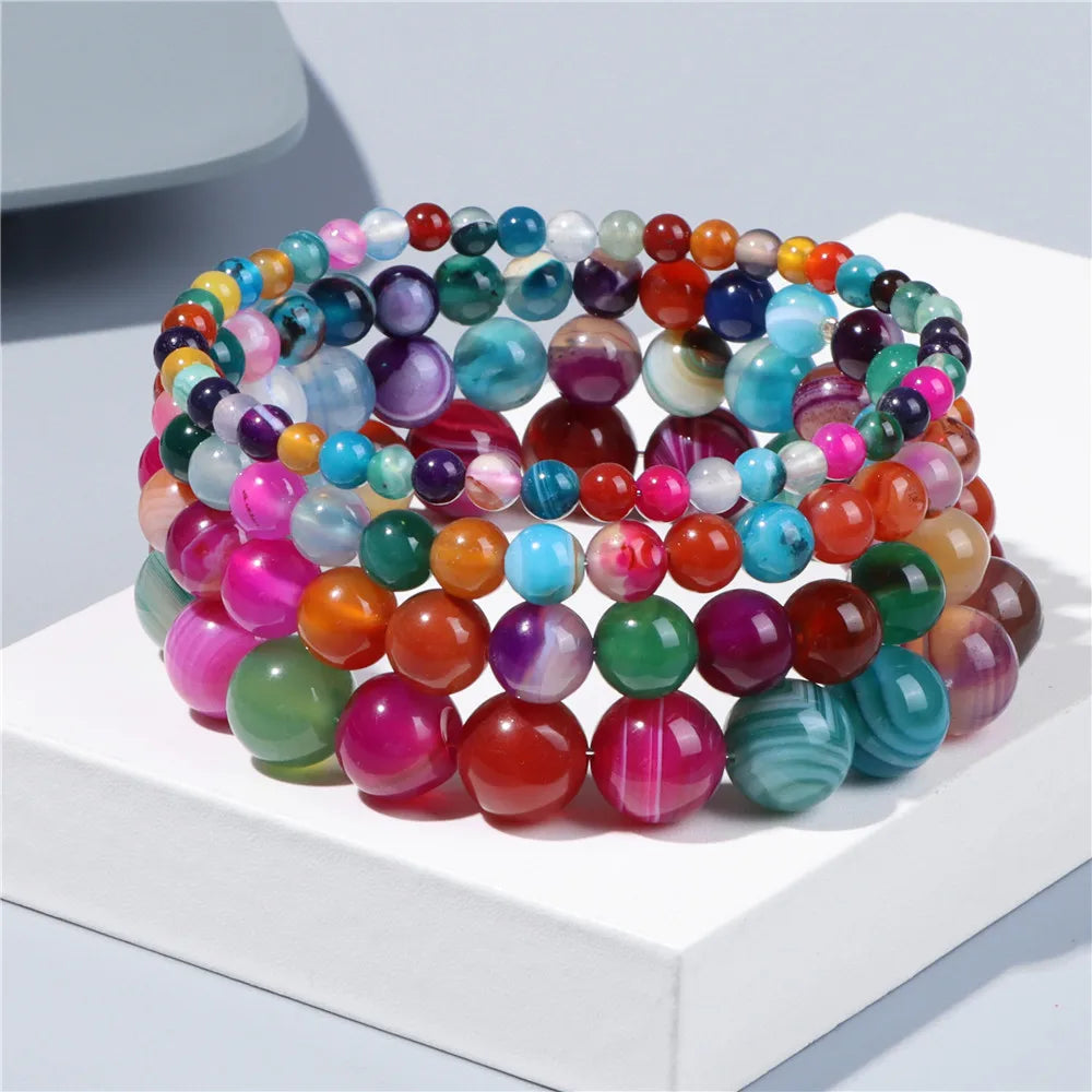 Fashion Natural Brown Striped Agates Bracelet Women 4/6/8/10mm Agates Beads Elastic Bracelets for Men Reiki Healing Boho Jewelry - Charlie Dolly