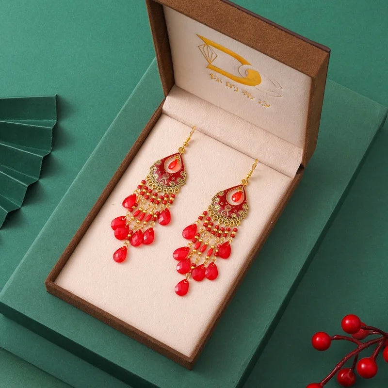 Acrylic Waterdrop Bead Tassel Long Earrings Jewelry