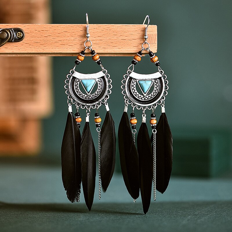 Vintage Bohemian Long Tassel Chain Feather Earrings For Women Boho Geometric Triangle Blue Stone Bead Handmade Wedding Earrings