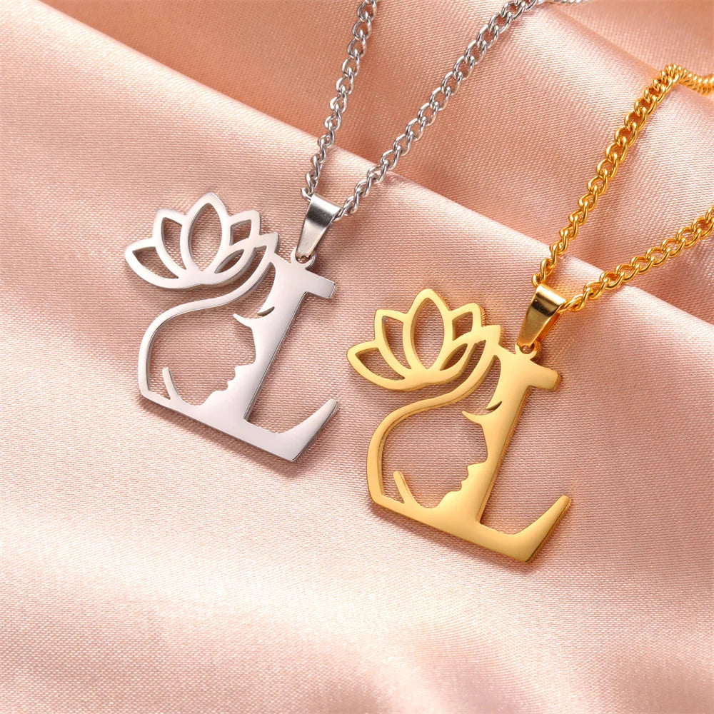 Lotus Flower Initial Letter Pendant, Personalized Stainless Steel Necklace