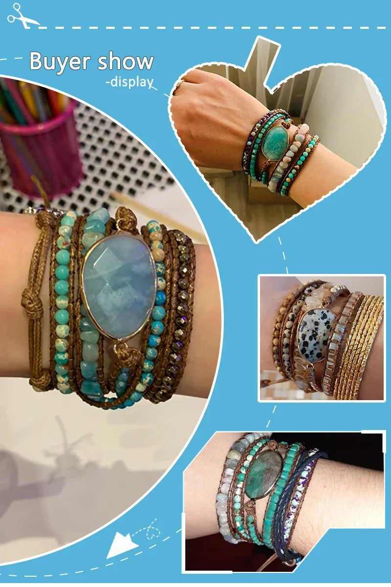 Fashion Handma Bohemian Jewelry Boho Bracelet Mixed Natural Stones Charm 5 Strands Wrap Bracelets Gift for Women girls - Charlie Dolly