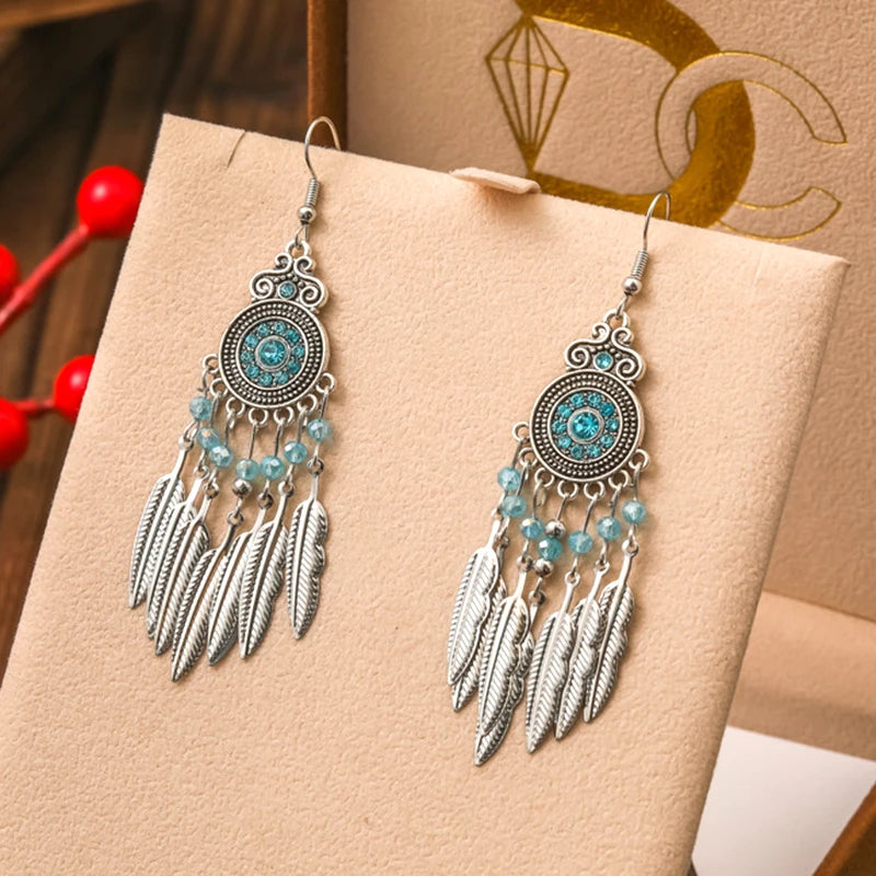 Blue Enamel Feather Crystal Long Earrings Jewelry