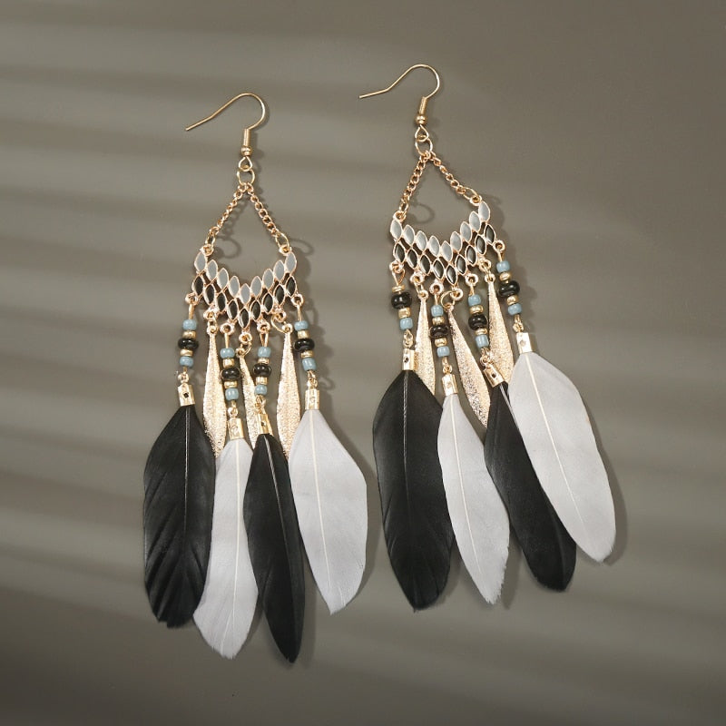 Boho Long Feather Dangle Women's Earrings Beach Long Tassel Beads Handmade Flower Enamel Earrings Bride Wedding Pendientes Mujer