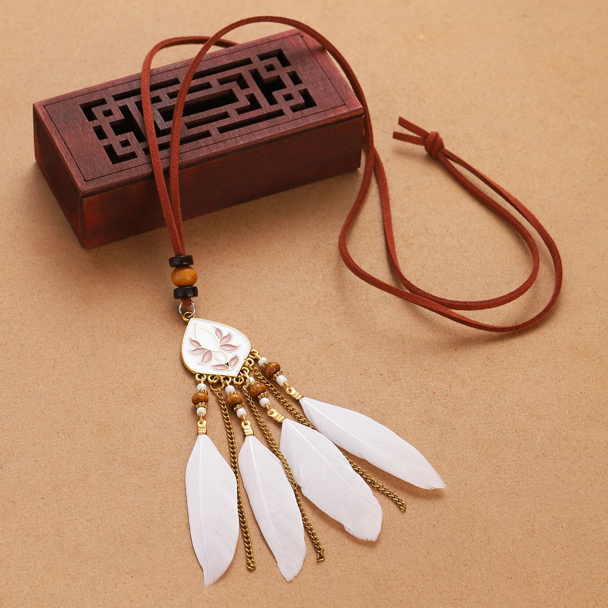 Rope Bead Feather Pendant Long Necklace Jewelry