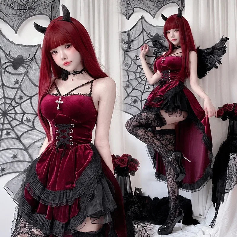 Cospaly Dark Gothic Halloween sexy lace Dovetail halter dress Dovetail Witch Demon Vampire Ghost bridal dress Red dress socks / L Cospaly Dark Gothic Halloween sexy lace Dovetail halter dress Dovetail Witch Demon Vampire Ghost bridal dress Red dress socks / L