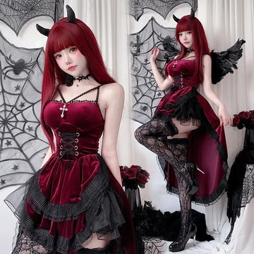 Cospaly Dark Gothic Halloween sexy lace dovetail halter dress Dovetail Witch Demon Vampire Ghost bridal dress - Charlie Dolly