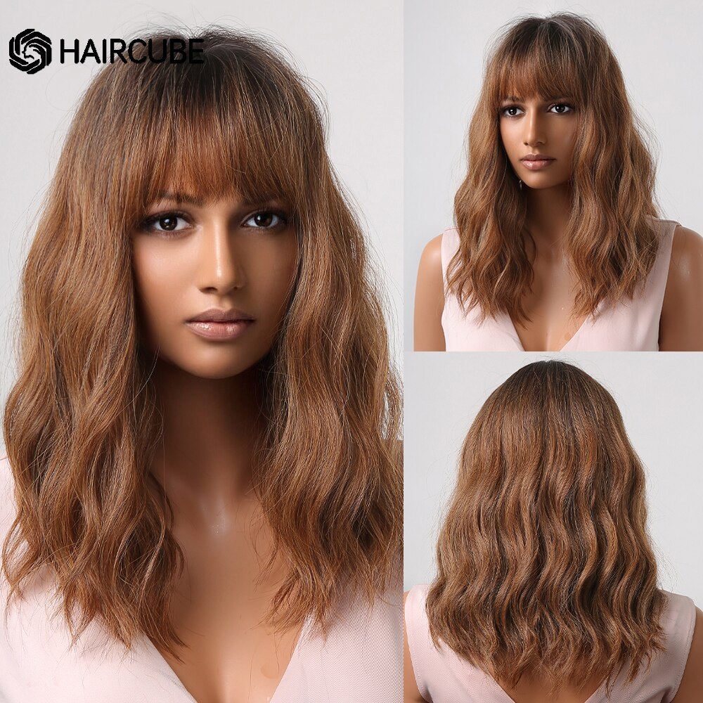 Medium Length Water Wave Synthetic Wigs Cute Pink Wigs With Bangs for Women Cosplay Natural Heat Resistant Bob Lolita Hair