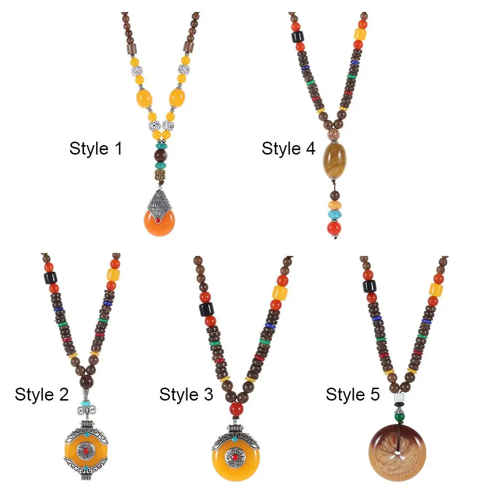 Nepal Wood Bead Mala Pendant Necklace Jewelry