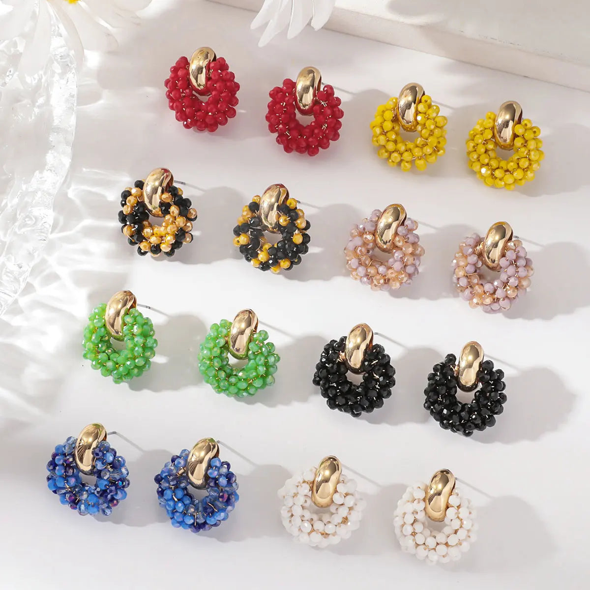 Round Crystal Bead Geometric Drop Earrings Jewelry