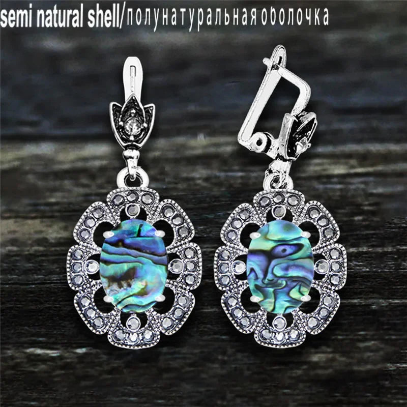 Vintage Plumflower Natural Jades Quartz Earrings For Women Antique Silver Plated Lapis Lazuli Tiger Eye Stone Fashion Earring - Charlie Dolly