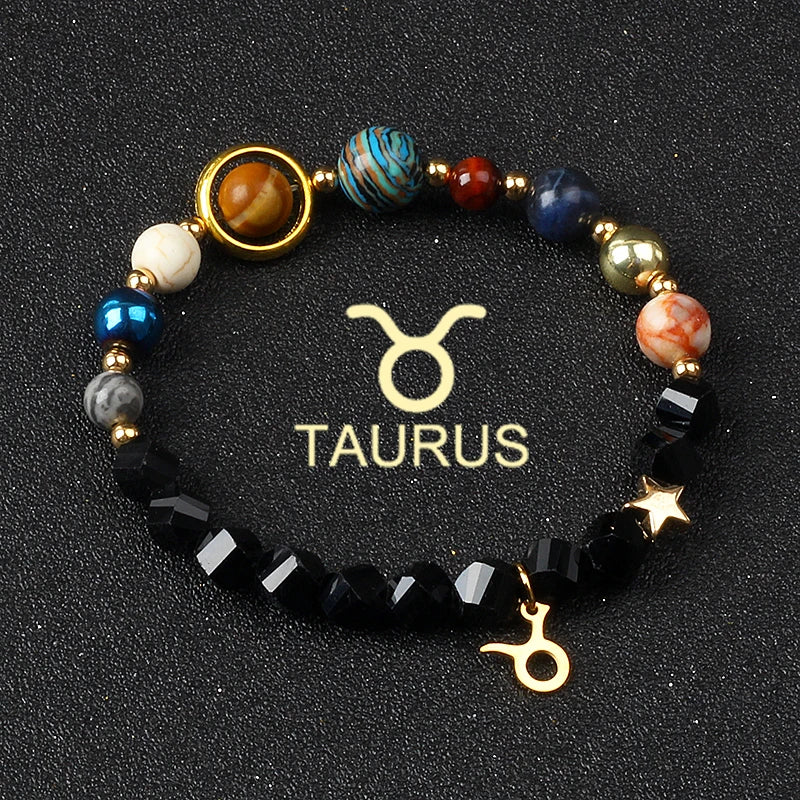 Eight Planets & Twelve Zodiac Beaded Bracelet, Natural Stone Cosmic Astrology Talisman