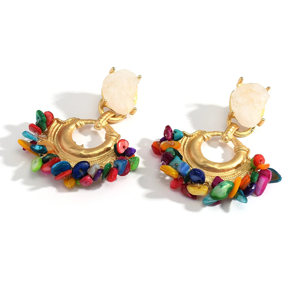 Resin Stone Beaded Drop Earrings, Vintage Statement Boho Jewelry