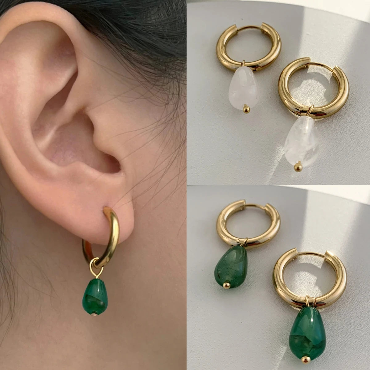 Green Stone Teardrop Gold Hoop Earrings Jewelry