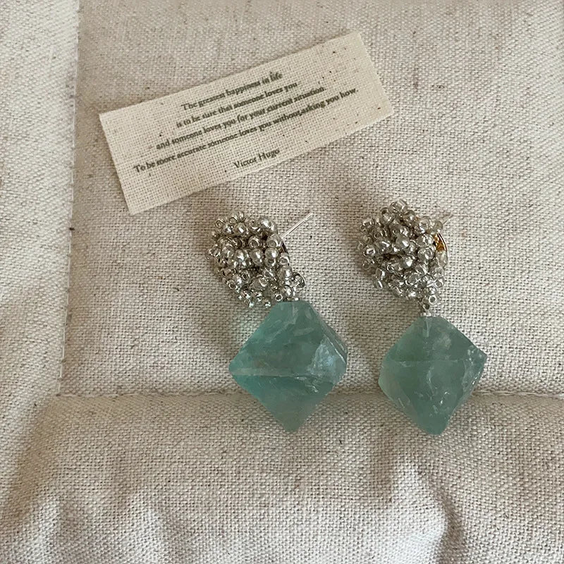 Green Natural Stone Beaded Dangle Boho Earrings Jewelry