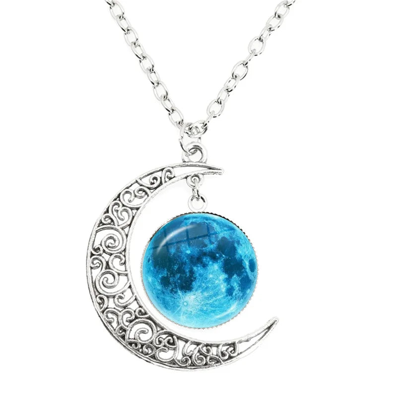Lunar Phase Glass Dome Pendant Necklace, Full Moon & Eclipse Talisman