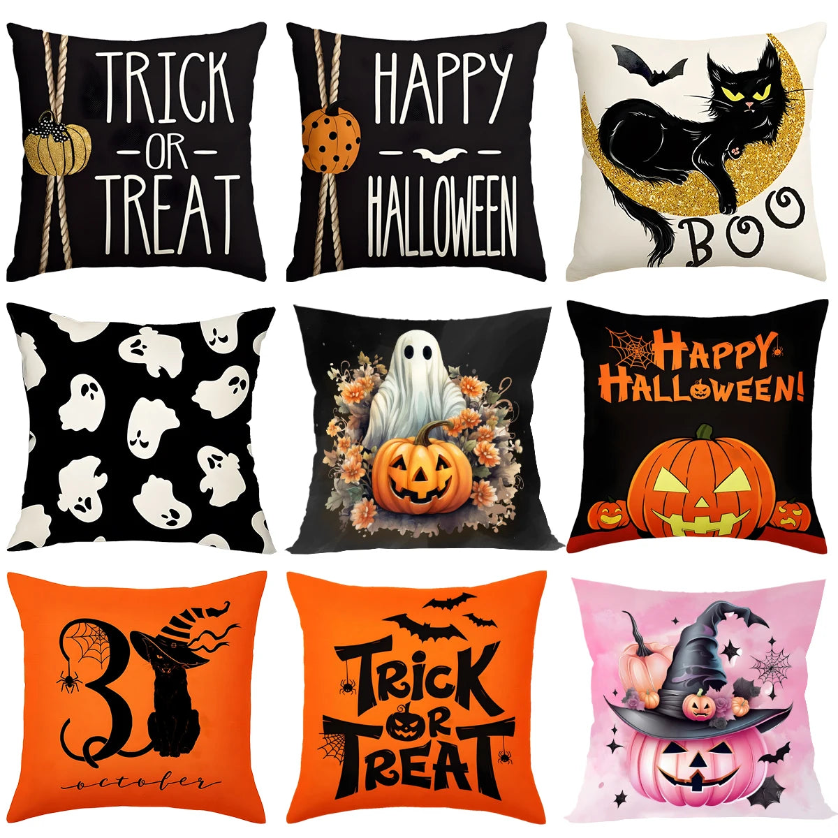 Halloween Pumpkin Ghost Pillowcase Happy Halloween Party Decorations For Home 2024 Trick or Treat Spider Bat Cat Pillow Covers - Charlie Dolly