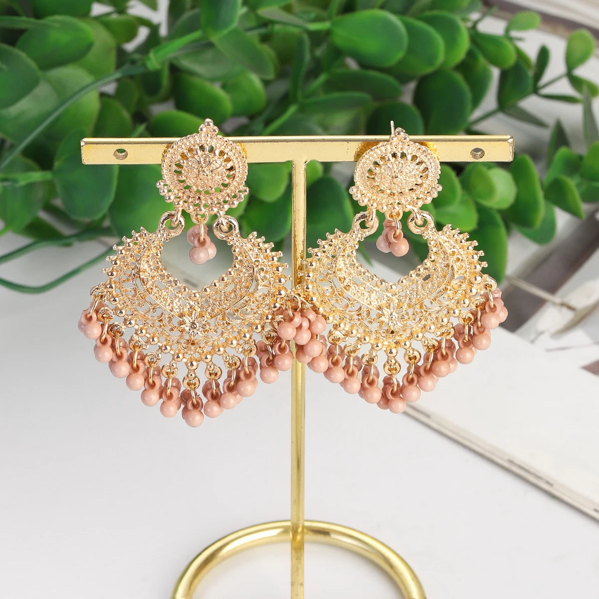 Gold Carved Heart Pink Bead Jhumka Earrings Jewelry