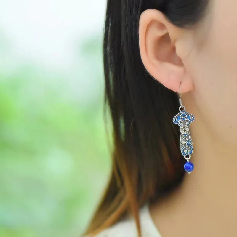 National Style Red Agate Earings 925 Silver Blue Retro Ruyi Lapis Lazuli Earrings for Women Exquisite Banquet Jewelry - Charlie Dolly