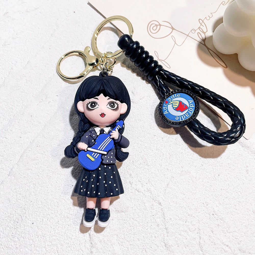 Trend Movie Addams 3d Keychain Wednesday Addams Pendant Keyrings Cartoon Figure Keyholder Backpack Car Key Keychains Accessories