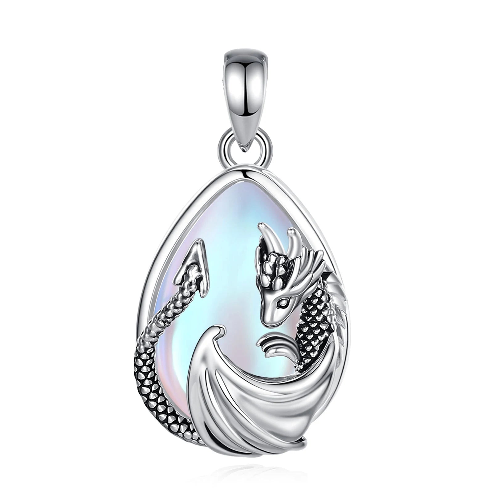 Moonstone Dragon Crescent Pendant Necklace, Celestial Guardian Amulet