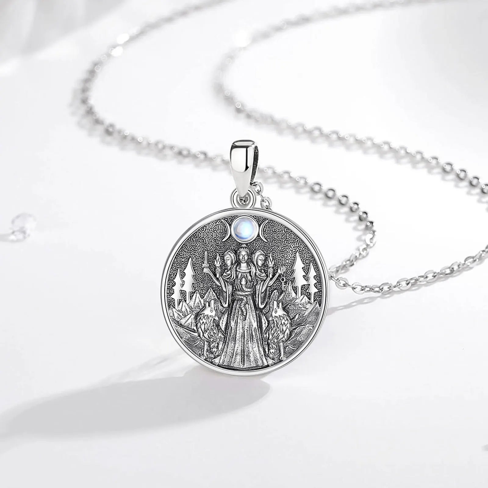 S925 Sterling Silver Hecate & Dog Pendant Necklace, Triple Moon Goddess Moonstone Amulet