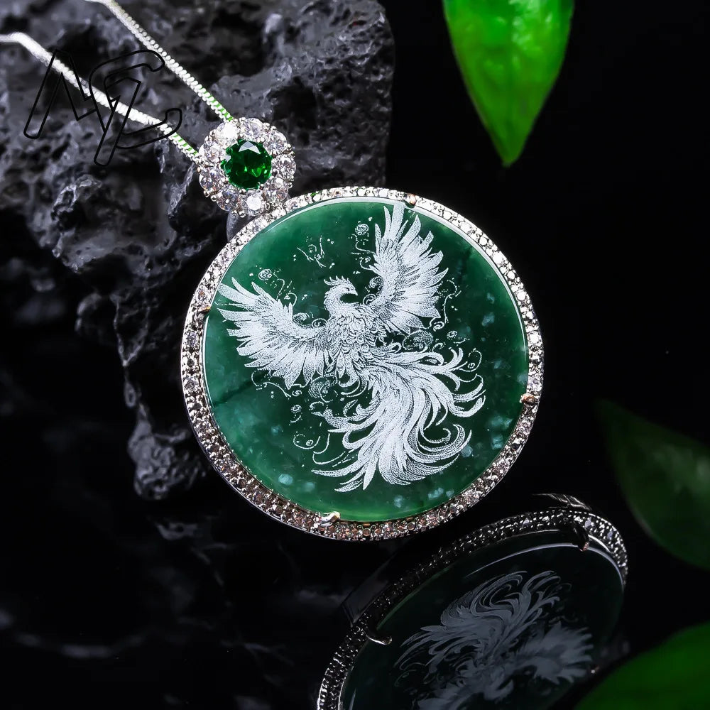 Phoenix Emerald Shadow-Carved S925 Silver Pendant, Sacred Rebirth Amulet