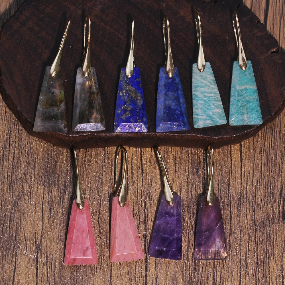 2pcs Natural stone earrings: amethyst, amazonite, flash stone, rhodochrosite, lapis lazuli trapezoidal faceted earrings - Charlie Dolly