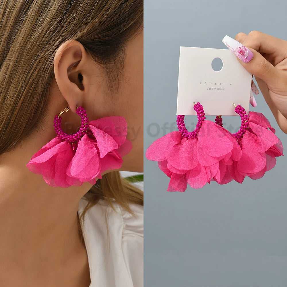 Cotton Flower Petal Beaded Tassel Earrings Jewelry
