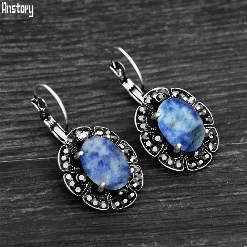 Vintage Plumflower Natural Lapis Lazuli Rhinestone Earrings For Women Tibetan Silver Plated Natural Stone Tiger Eye Earring - Charlie Dolly