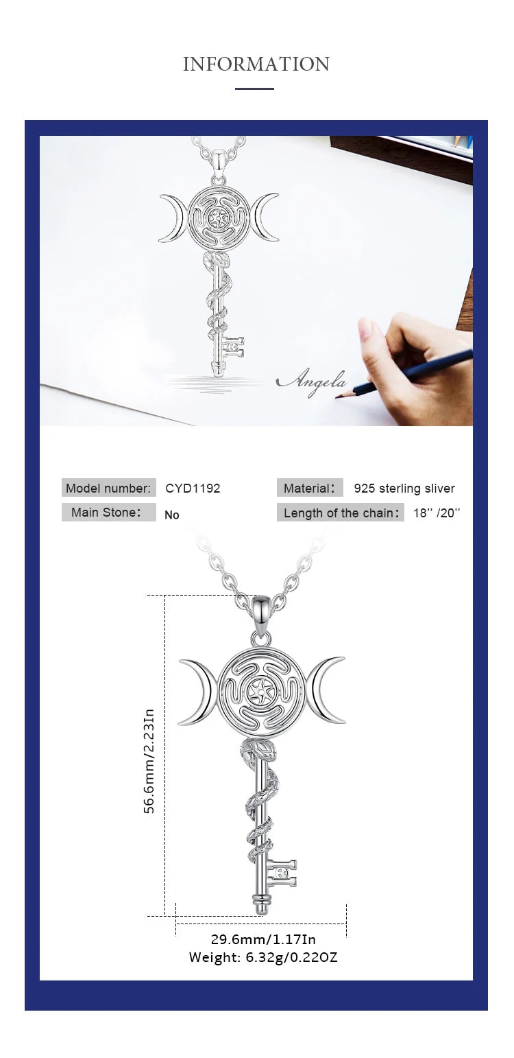 Sterling Silver 925 Hekate Wheel Triple Moon Goddess Necklace, Snake Key Witch Amulet