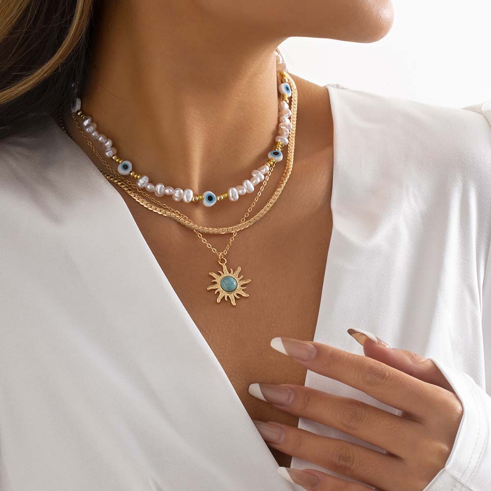 YUZZ Blue Turkish Evil Eyes Exquisite Sun Flower Pendant Necklace 2022 Summer Multilevel Female Boho Vintage Jewelry Party Gift