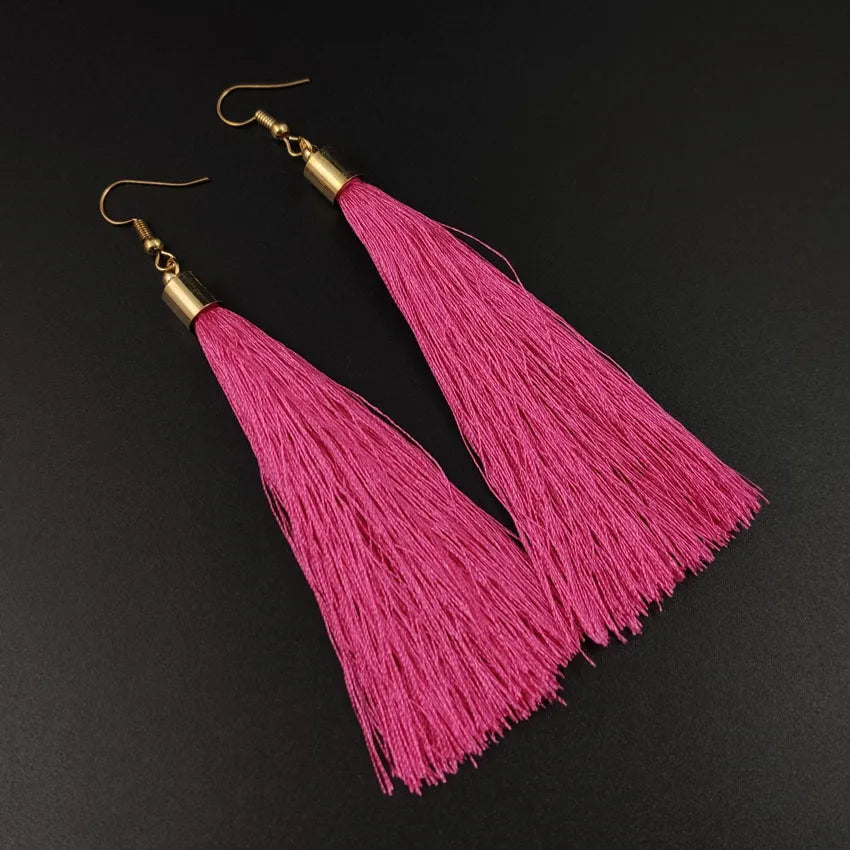 Silk Rose Flower Crystal Long Tassel Earrings Jewelry