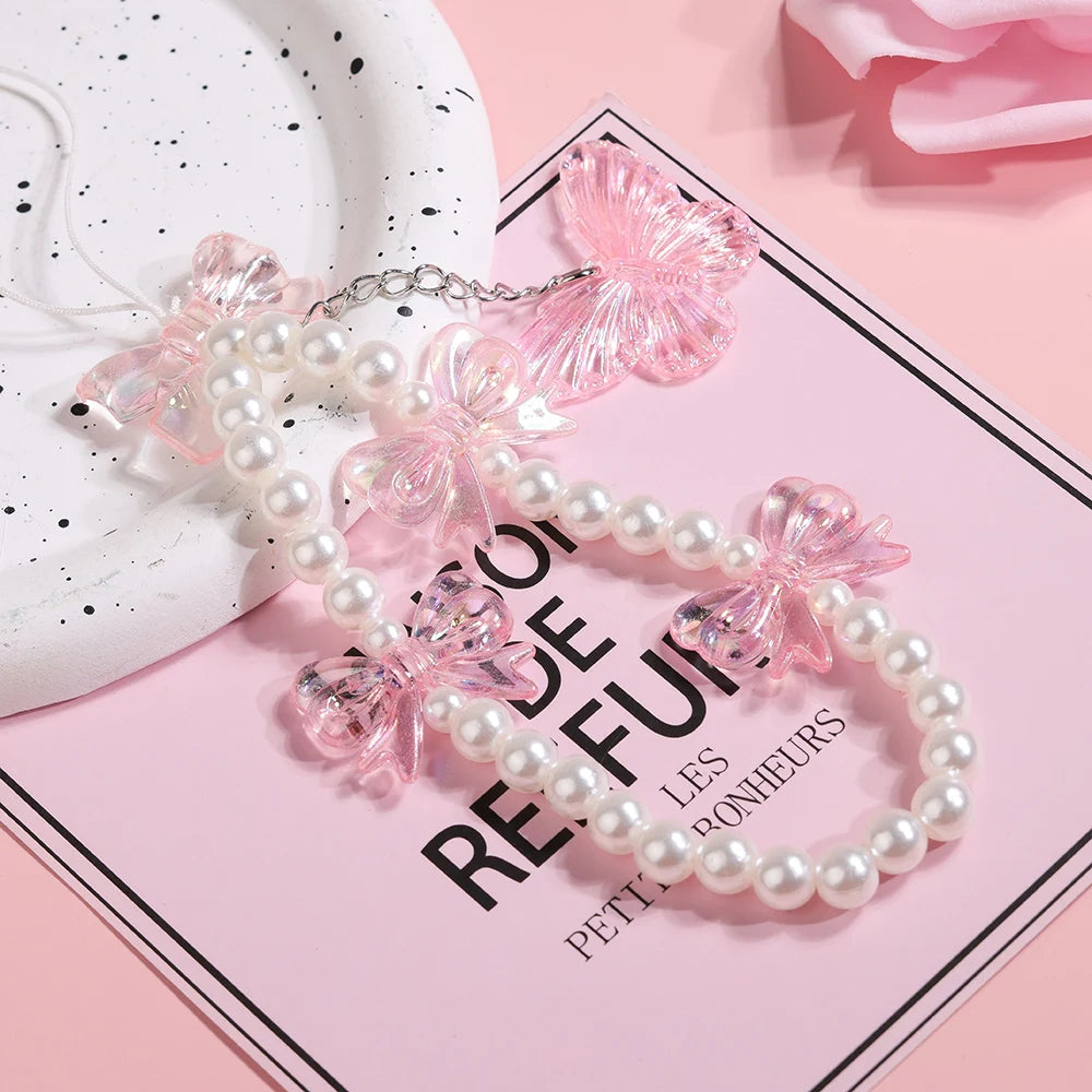 Pink Butterfly, Pearl and Bow Phone Strap Wrist Chain