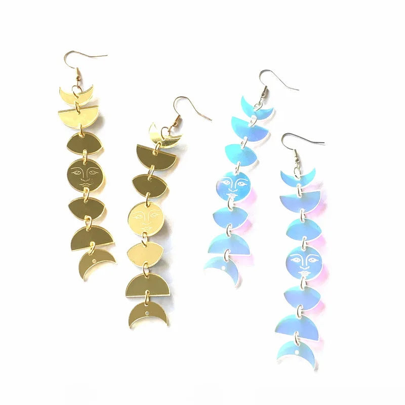 Acrylic Moon Phase Long Tassel Boho Earrings, Celestial Drop Talisman