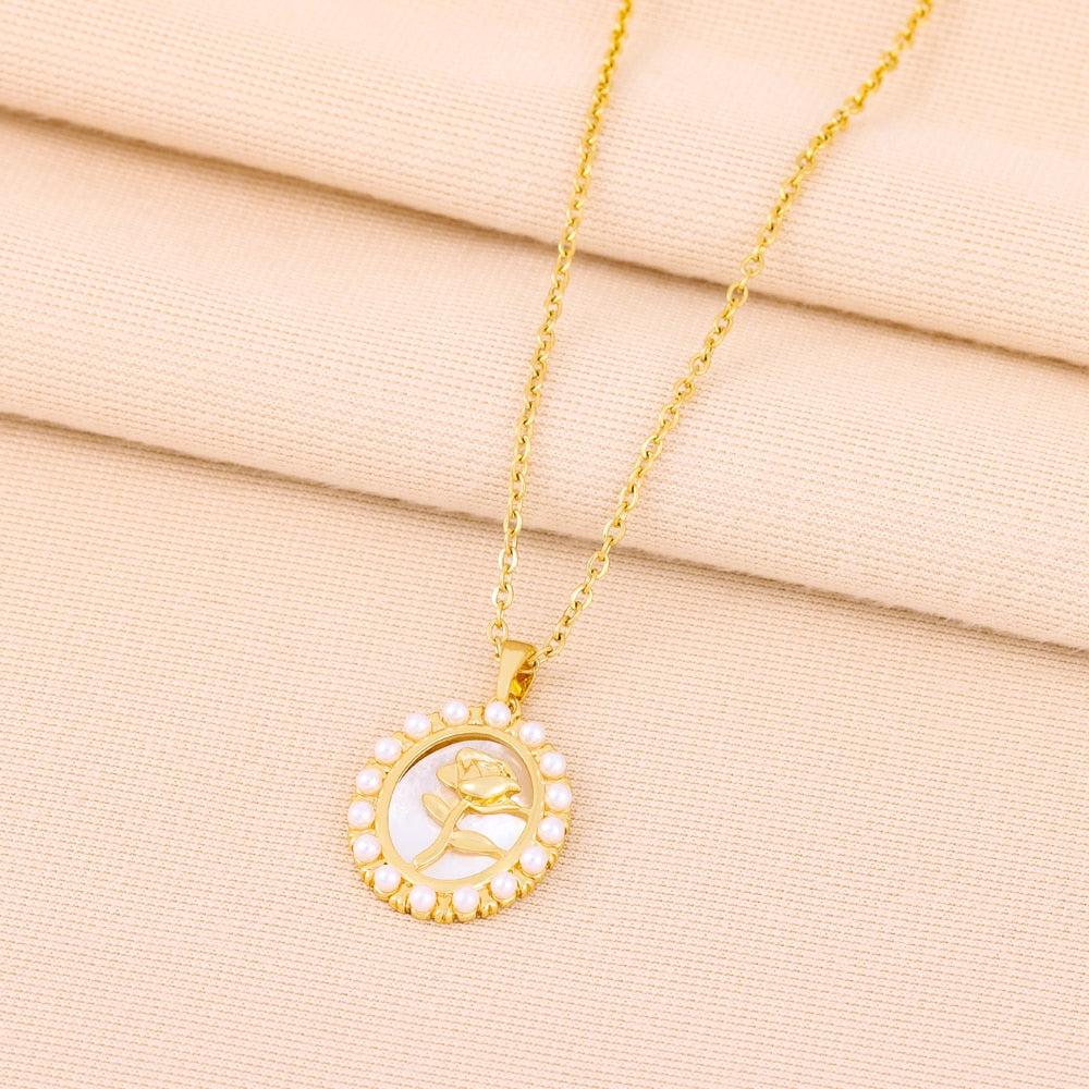 Vintage Style Oval Pearl Rose Pendant Stainless Steel Necklaces For Women Elegant Ladies Neck Chain Jewelry - Charlie Dolly