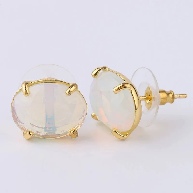 Oval Shape Stud Earrings golden Color Natural Stone Faceted Pink Quartz Crystal Agate lapis lazuli Healing Jewelry Female - Charlie Dolly