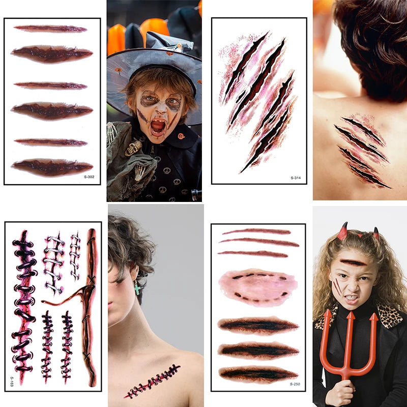 Halloween Temporary Tattoo Sticker Waterproof 3D Bite Mark Zombie Acars Wound Tattoo Sticker Halloween Party Cosplay Makeup Prop - Charlie Dolly