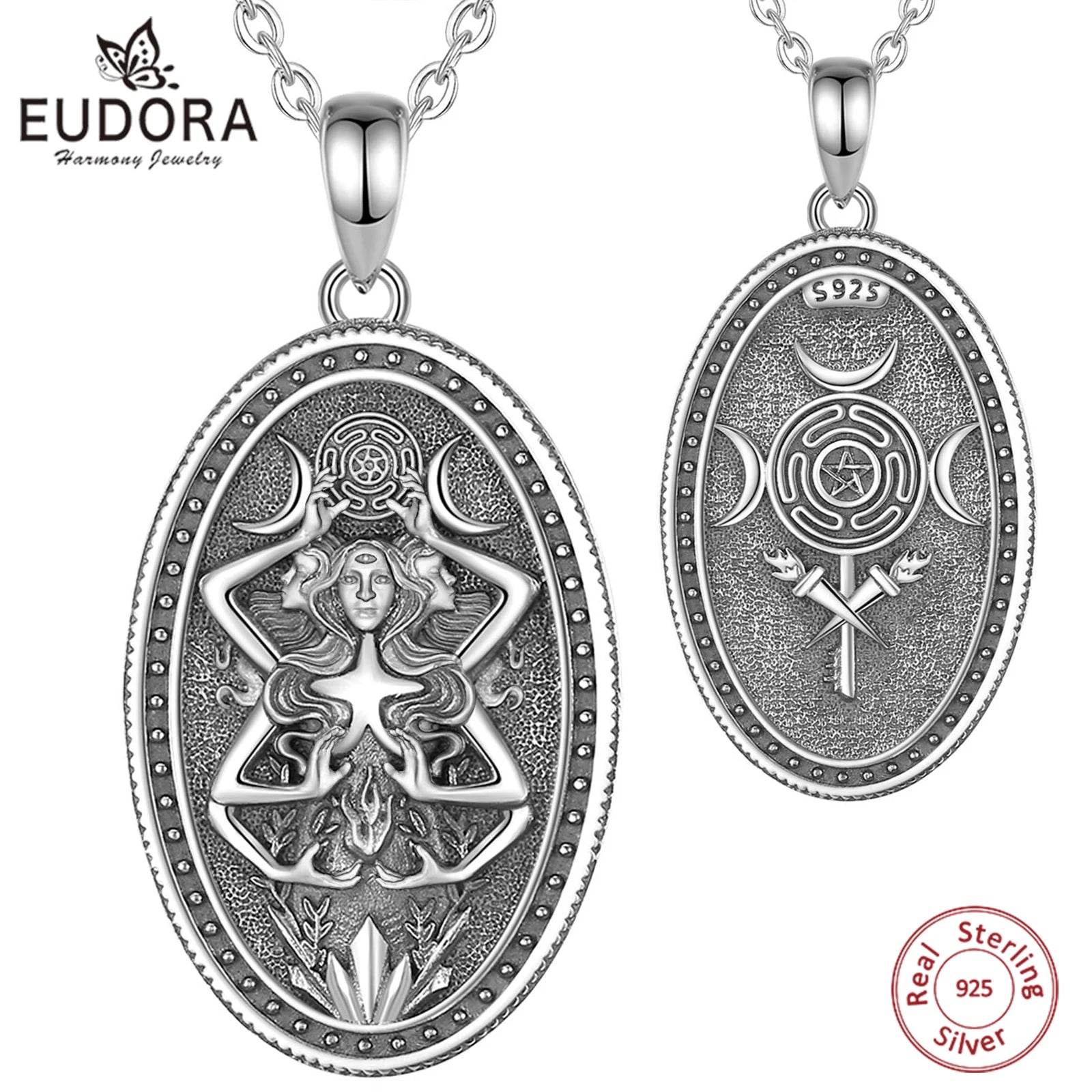 Triple Moon Goddess Hecate Wheel Necklace, S925 Sterling Silver