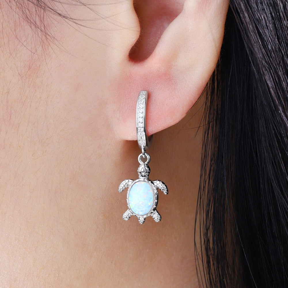 925 Sterling Silver Opal Sea Turtle Dangle Drop Earrings Nature Ocean Cute Animal Jewelry Birthday Gifts for Women Girls Lovers