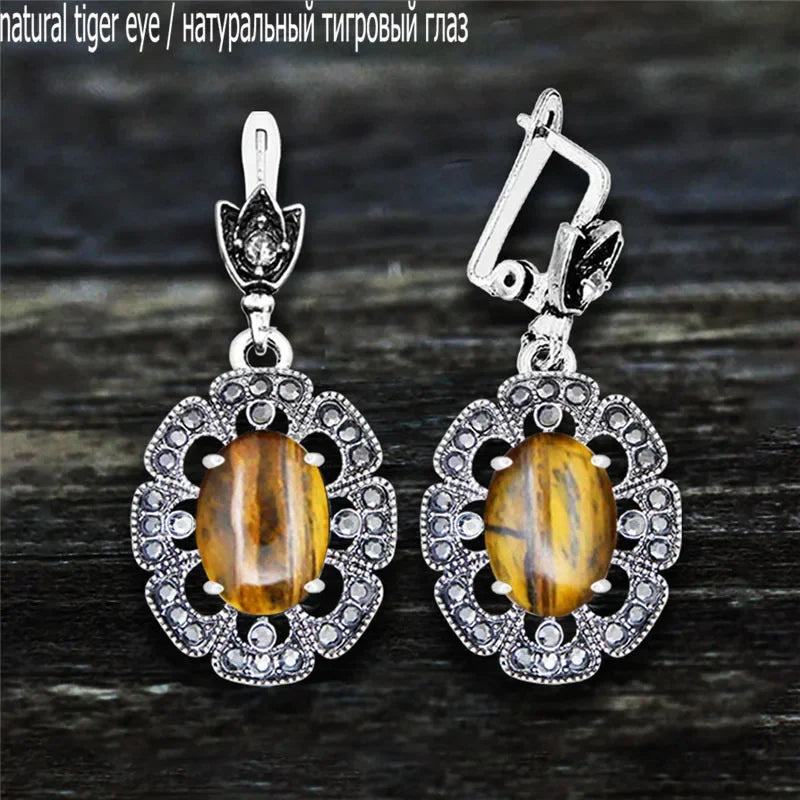 Vintage Plumflower Natural Jades Quartz Earrings For Women Antique Silver Plated Lapis Lazuli Tiger Eye Stone Fashion Earring - Charlie Dolly